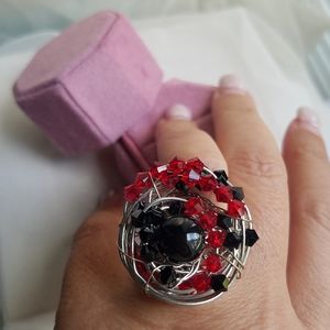 Swarovski Elements Ruby Red & Black Crystal Statement Cluster Ring Handmade NEW